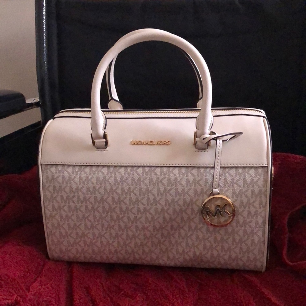 Michael Kors Cream and Tan Satchel with Gold Hardware